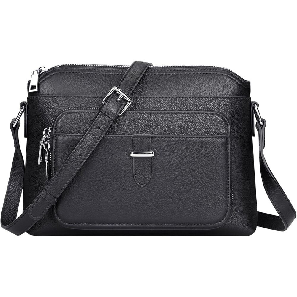 Genuine Leather Crossbody Black Bag for Women Small Handbag with Card Slots